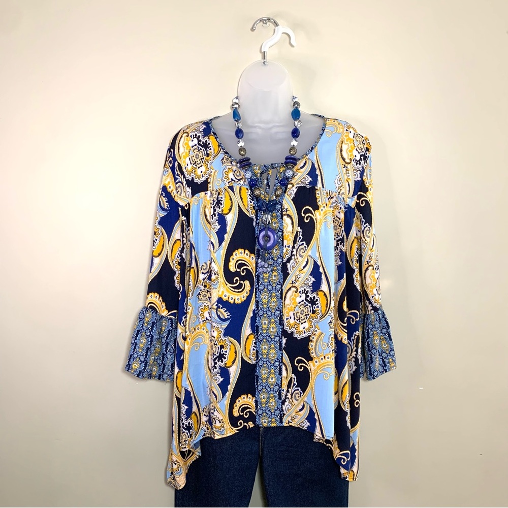 Tunic Peasant Top Multicolor Paisley Ruffle Bell Sleeves High-Low Hem Boho Flowy